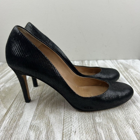 Ann Taylor Black Leather Snakeskin Pattern Round Toe High Heel Pumps Women 7 - Picture 5 of 9